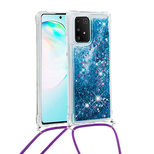 Silicone Candy Rubber TPU Bling-Bling Soft Case Cover with Lanyard Strap S03 for Samsung Galaxy A91 Blue