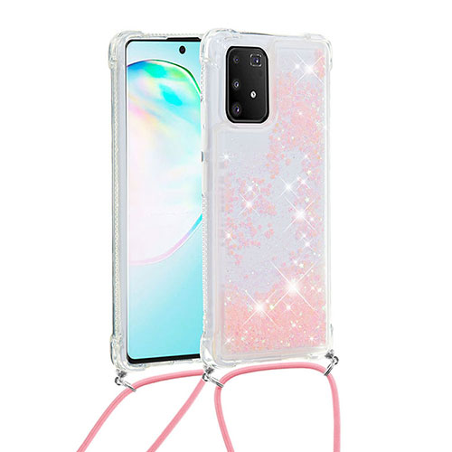 Silicone Candy Rubber TPU Bling-Bling Soft Case Cover with Lanyard Strap S03 for Samsung Galaxy A91 Pink