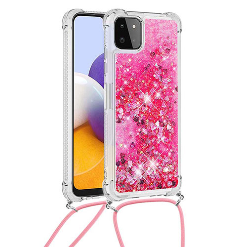 Silicone Candy Rubber TPU Bling-Bling Soft Case Cover with Lanyard Strap S03 for Samsung Galaxy F42 5G Hot Pink