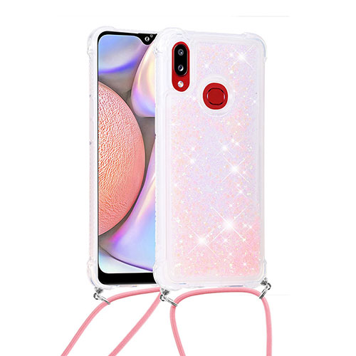 Silicone Candy Rubber TPU Bling-Bling Soft Case Cover with Lanyard Strap S03 for Samsung Galaxy M01s Pink