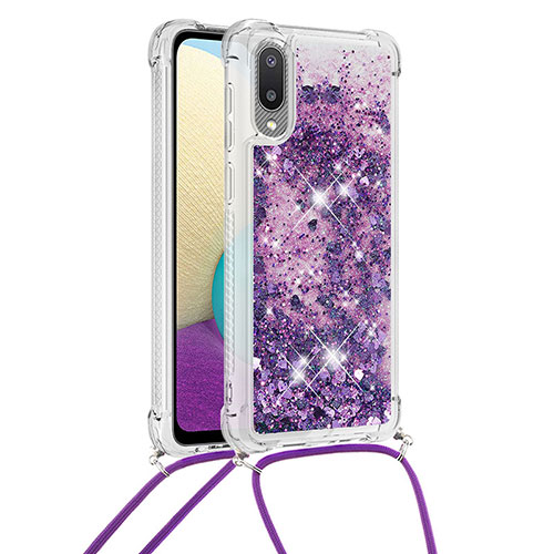 Silicone Candy Rubber TPU Bling-Bling Soft Case Cover with Lanyard Strap S03 for Samsung Galaxy M02 Purple