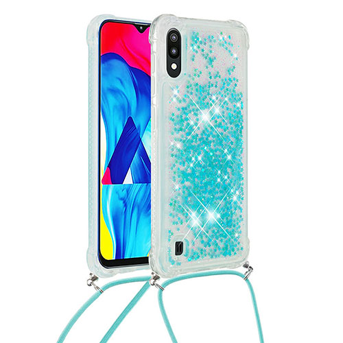 Silicone Candy Rubber TPU Bling-Bling Soft Case Cover with Lanyard Strap S03 for Samsung Galaxy M10 Sky Blue