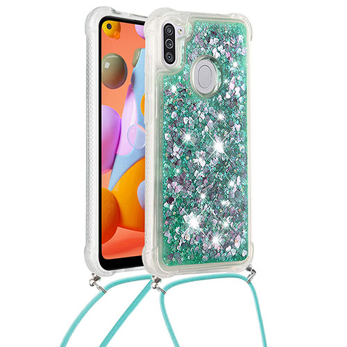 Silicone Candy Rubber TPU Bling-Bling Soft Case Cover with Lanyard Strap S03 for Samsung Galaxy M11 Green