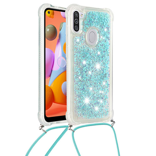 Silicone Candy Rubber TPU Bling-Bling Soft Case Cover with Lanyard Strap S03 for Samsung Galaxy M11 Sky Blue