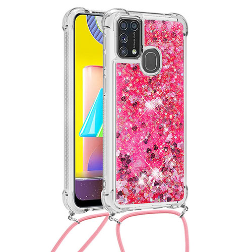 Silicone Candy Rubber TPU Bling-Bling Soft Case Cover with Lanyard Strap S03 for Samsung Galaxy M21s Hot Pink