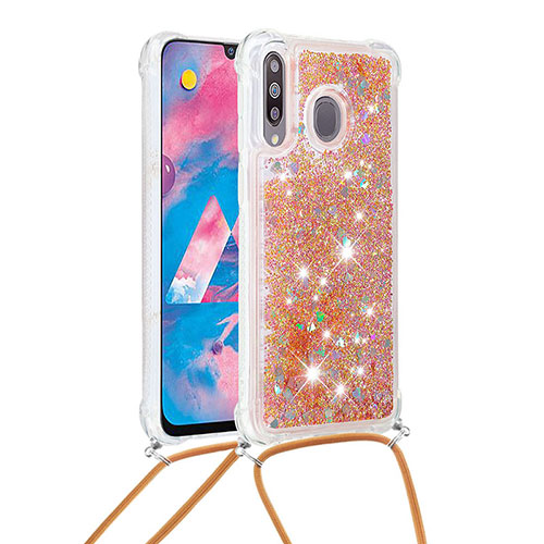 Silicone Candy Rubber TPU Bling-Bling Soft Case Cover with Lanyard Strap S03 for Samsung Galaxy M30 Gold