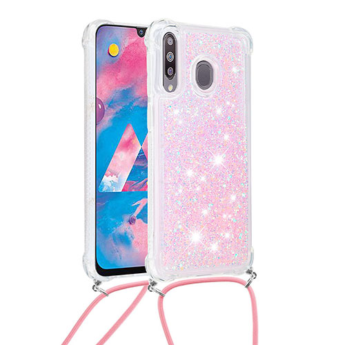 Silicone Candy Rubber TPU Bling-Bling Soft Case Cover with Lanyard Strap S03 for Samsung Galaxy M30 Pink