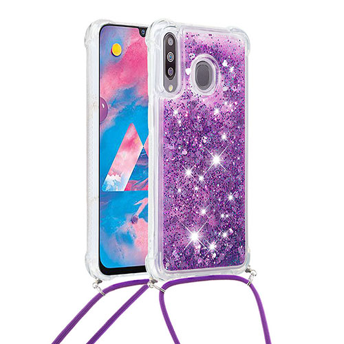 Silicone Candy Rubber TPU Bling-Bling Soft Case Cover with Lanyard Strap S03 for Samsung Galaxy M30 Purple