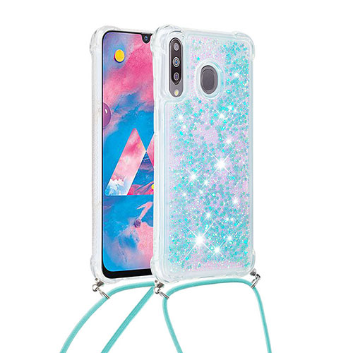 Silicone Candy Rubber TPU Bling-Bling Soft Case Cover with Lanyard Strap S03 for Samsung Galaxy M30 Sky Blue