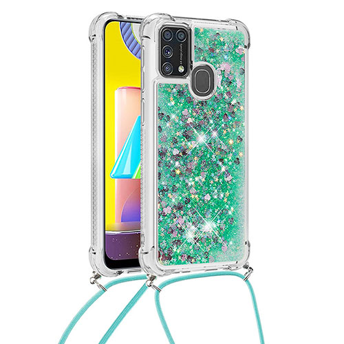 Silicone Candy Rubber TPU Bling-Bling Soft Case Cover with Lanyard Strap S03 for Samsung Galaxy M31 Green