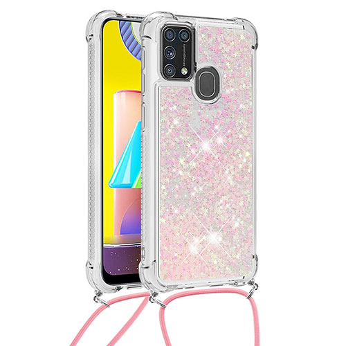 Silicone Candy Rubber TPU Bling-Bling Soft Case Cover with Lanyard Strap S03 for Samsung Galaxy M31 Pink