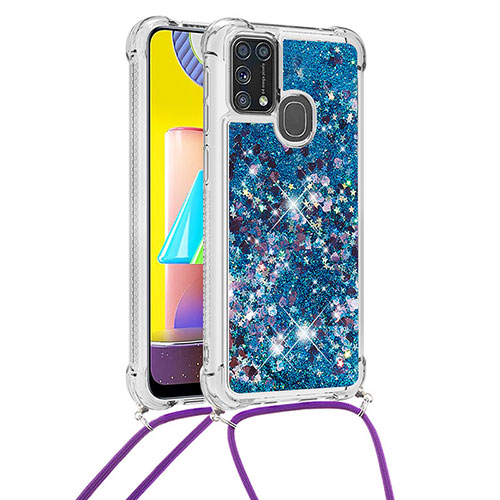 Silicone Candy Rubber TPU Bling-Bling Soft Case Cover with Lanyard Strap S03 for Samsung Galaxy M31 Prime Edition Blue