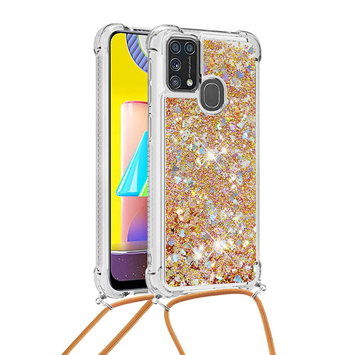 Silicone Candy Rubber TPU Bling-Bling Soft Case Cover with Lanyard Strap S03 for Samsung Galaxy M31 Prime Edition Gold