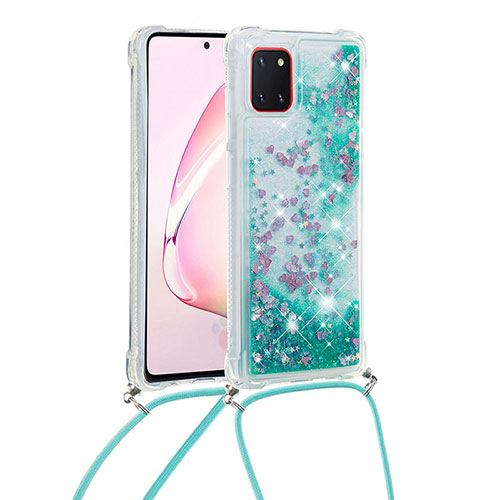 Silicone Candy Rubber TPU Bling-Bling Soft Case Cover with Lanyard Strap S03 for Samsung Galaxy M60s Green
