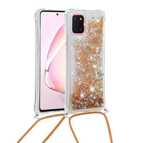Silicone Candy Rubber TPU Bling-Bling Soft Case Cover with Lanyard Strap S03 for Samsung Galaxy Note 10 Lite Gold