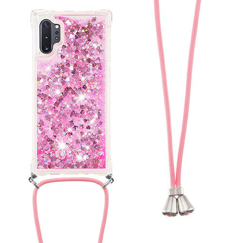 Silicone Candy Rubber TPU Bling-Bling Soft Case Cover with Lanyard Strap S03 for Samsung Galaxy Note 10 Plus 5G Hot Pink