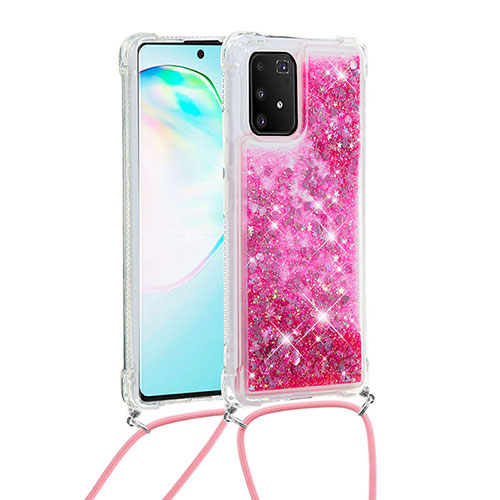 Silicone Candy Rubber TPU Bling-Bling Soft Case Cover with Lanyard Strap S03 for Samsung Galaxy S10 Lite Hot Pink