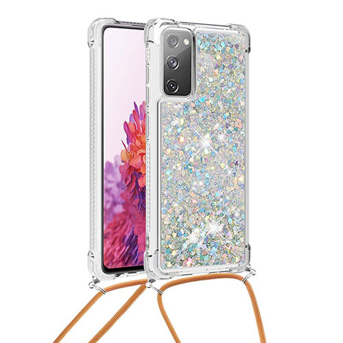 Silicone Candy Rubber TPU Bling-Bling Soft Case Cover with Lanyard Strap S03 for Samsung Galaxy S20 FE 5G Silver