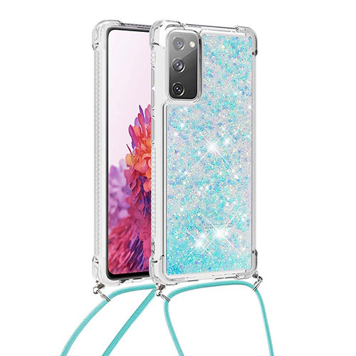 Silicone Candy Rubber TPU Bling-Bling Soft Case Cover with Lanyard Strap S03 for Samsung Galaxy S20 Lite 5G Sky Blue