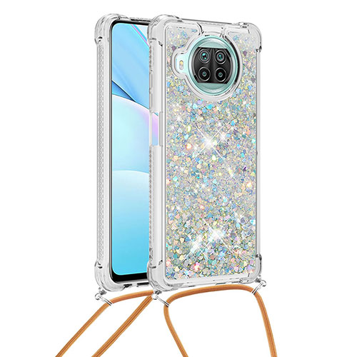 Silicone Candy Rubber TPU Bling-Bling Soft Case Cover with Lanyard Strap S03 for Xiaomi Mi 10i 5G Silver