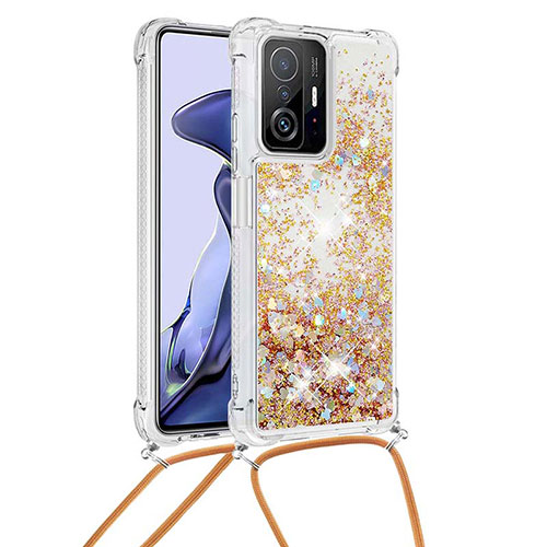 Silicone Candy Rubber TPU Bling-Bling Soft Case Cover with Lanyard Strap S03 for Xiaomi Mi 11T 5G Gold