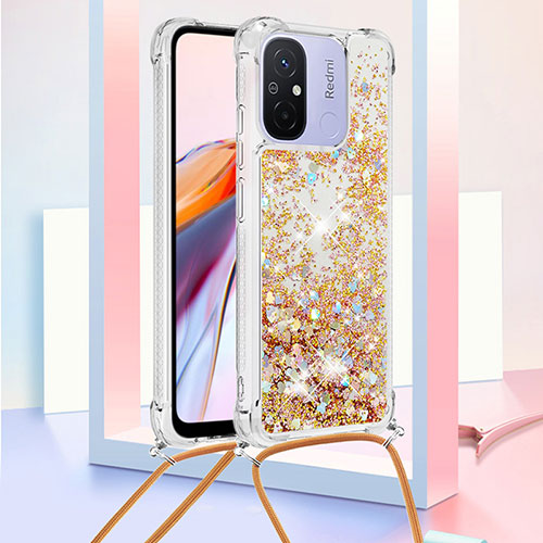 Silicone Candy Rubber TPU Bling-Bling Soft Case Cover with Lanyard Strap S03 for Xiaomi Redmi 11A 4G Gold