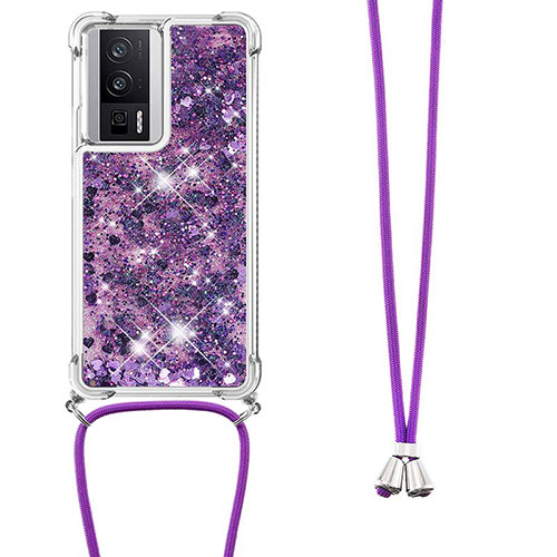 Silicone Candy Rubber TPU Bling-Bling Soft Case Cover with Lanyard Strap S03 for Xiaomi Redmi K60 5G Purple