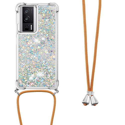 Silicone Candy Rubber TPU Bling-Bling Soft Case Cover with Lanyard Strap S03 for Xiaomi Redmi K60 5G Silver