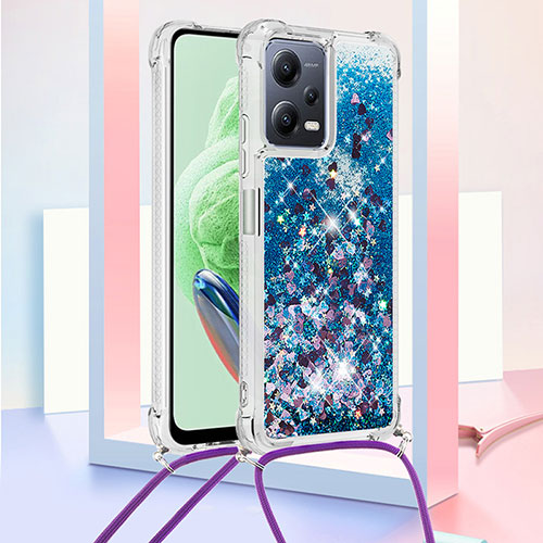 Silicone Candy Rubber TPU Bling-Bling Soft Case Cover with Lanyard Strap S03 for Xiaomi Redmi Note 12 5G Blue