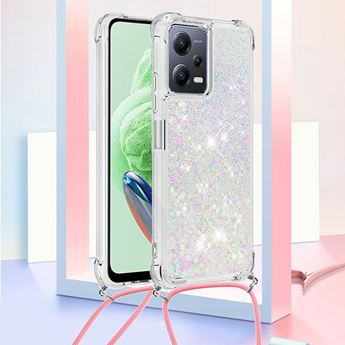 Silicone Candy Rubber TPU Bling-Bling Soft Case Cover with Lanyard Strap S03 for Xiaomi Redmi Note 12 5G Silver