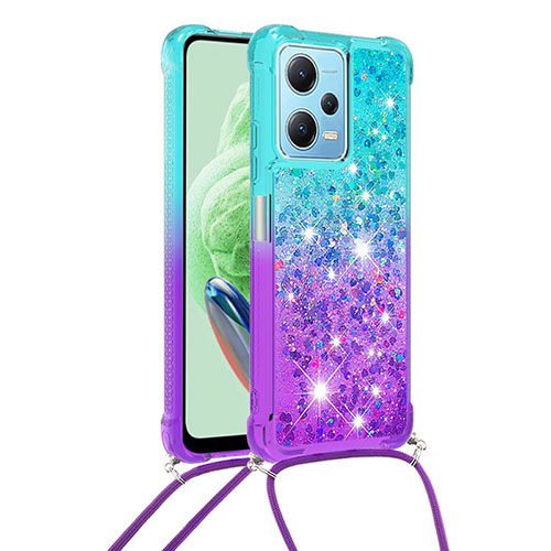 Silicone Candy Rubber TPU Bling-Bling Soft Case Cover with Lanyard Strap YB1 for Xiaomi Poco X5 5G Sky Blue