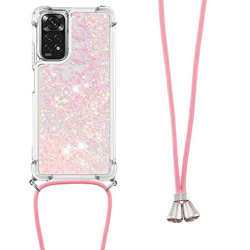 Silicone Candy Rubber TPU Bling-Bling Soft Case Cover with Lanyard Strap YB1 for Xiaomi Redmi Note 11S 4G Rose Gold