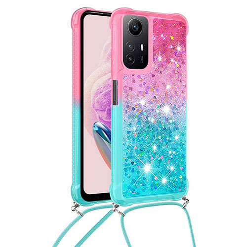 Silicone Candy Rubber TPU Bling-Bling Soft Case Cover with Lanyard Strap YB1 for Xiaomi Redmi Note 12S Pink