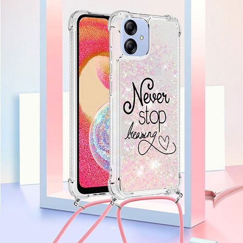 Silicone Candy Rubber TPU Bling-Bling Soft Case Cover with Lanyard Strap YB2 for Samsung Galaxy A04 4G Pink