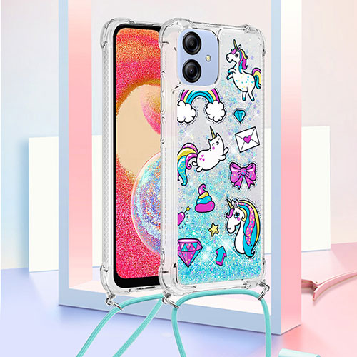 Silicone Candy Rubber TPU Bling-Bling Soft Case Cover with Lanyard Strap YB2 for Samsung Galaxy A04 4G Sky Blue