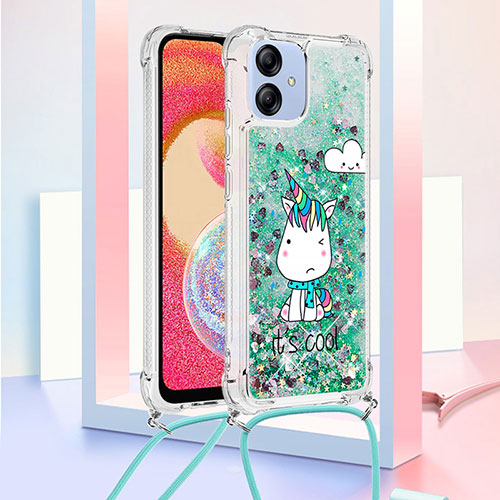 Silicone Candy Rubber TPU Bling-Bling Soft Case Cover with Lanyard Strap YB2 for Samsung Galaxy A04E Green