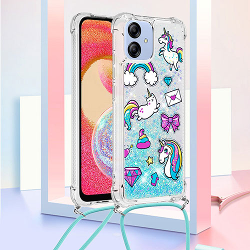 Silicone Candy Rubber TPU Bling-Bling Soft Case Cover with Lanyard Strap YB2 for Samsung Galaxy A04E Sky Blue