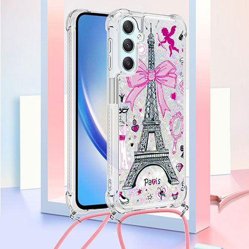 Silicone Candy Rubber TPU Bling-Bling Soft Case Cover with Lanyard Strap YB2 for Samsung Galaxy A24 4G Pink