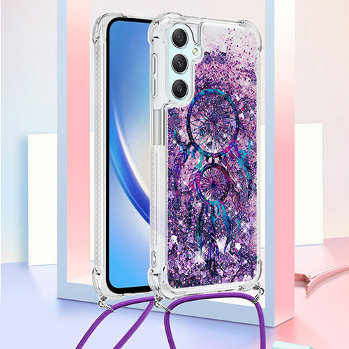 Silicone Candy Rubber TPU Bling-Bling Soft Case Cover with Lanyard Strap YB2 for Samsung Galaxy A24 4G Purple