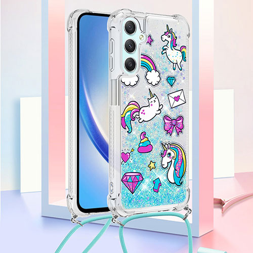 Silicone Candy Rubber TPU Bling-Bling Soft Case Cover with Lanyard Strap YB2 for Samsung Galaxy A25 5G Sky Blue