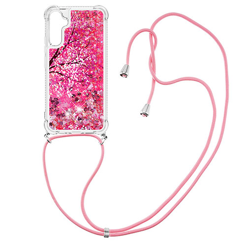 Silicone Candy Rubber TPU Bling-Bling Soft Case Cover with Lanyard Strap YB2 for Samsung Galaxy A34 5G Hot Pink