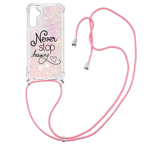 Silicone Candy Rubber TPU Bling-Bling Soft Case Cover with Lanyard Strap YB2 for Samsung Galaxy A34 5G Pink