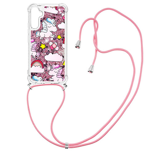 Silicone Candy Rubber TPU Bling-Bling Soft Case Cover with Lanyard Strap YB2 for Samsung Galaxy A34 5G Rose Gold