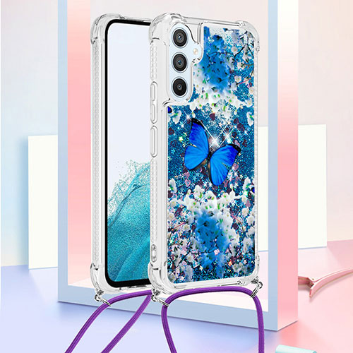 Silicone Candy Rubber TPU Bling-Bling Soft Case Cover with Lanyard Strap YB2 for Samsung Galaxy A54 5G Blue