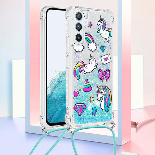 Silicone Candy Rubber TPU Bling-Bling Soft Case Cover with Lanyard Strap YB2 for Samsung Galaxy A54 5G Sky Blue