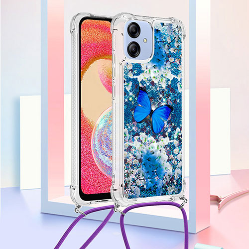 Silicone Candy Rubber TPU Bling-Bling Soft Case Cover with Lanyard Strap YB2 for Samsung Galaxy F04 Blue