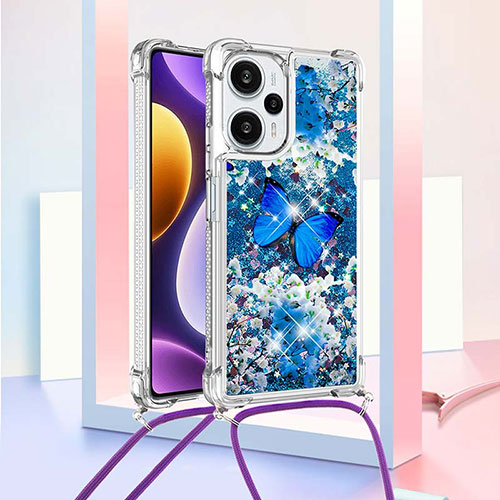 Silicone Candy Rubber TPU Bling-Bling Soft Case Cover with Lanyard Strap YB2 for Xiaomi Poco F5 5G Blue