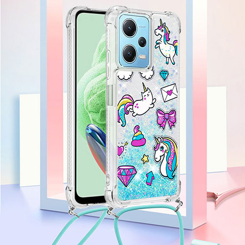 Silicone Candy Rubber TPU Bling-Bling Soft Case Cover with Lanyard Strap YB2 for Xiaomi Poco X5 5G Sky Blue