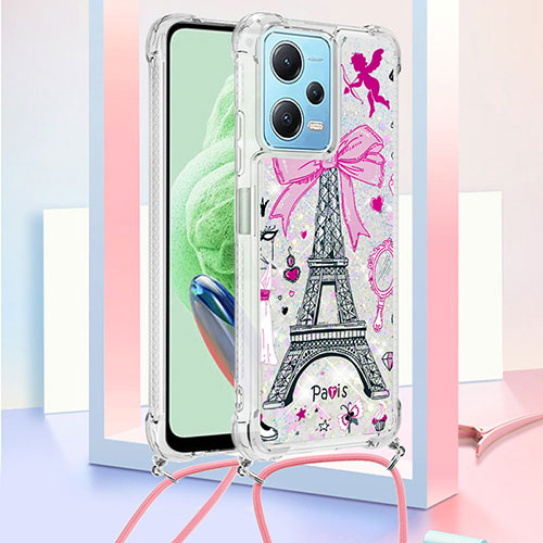 Silicone Candy Rubber TPU Bling-Bling Soft Case Cover with Lanyard Strap YB2 for Xiaomi Redmi Note 12 5G Rose Gold