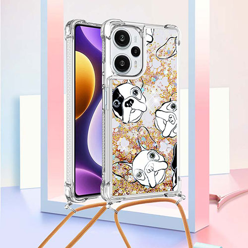 Silicone Candy Rubber TPU Bling-Bling Soft Case Cover with Lanyard Strap YB2 for Xiaomi Redmi Note 12 Turbo 5G Gold